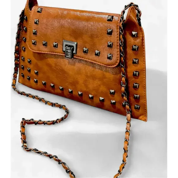 NEW Vintage Y2K Euro Envelope Crossbody Shoulder Bag Purse Cognac Faux Leather - Picture 6 of 8